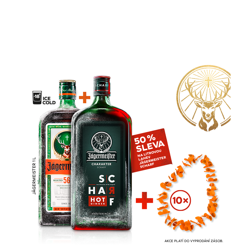 Jägermeister 1L 35%  AKCE 1+1 Jägermeister SCHARF 1L za polovinu + 10x věnec