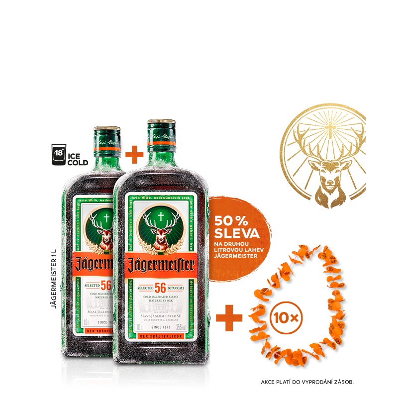 Jägermeister 1L 35% AKCE 1+1 s druhou lahví za polovinu + 10x věnec