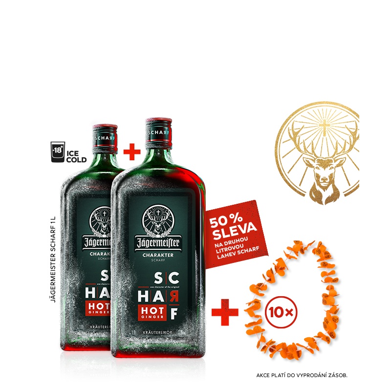 Jägermeister SCHARF 1l 33% AKCE 1+1 s druhou lahví za polovinu + 10x věnec