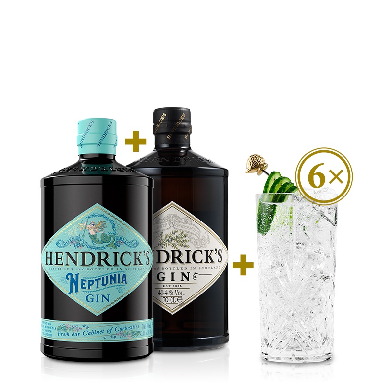 HENDRICK´S Neptunia Gin 0.7l + Hendrick´s Gin 0,7l s 6 originálními Hendrick’s sklenicemi