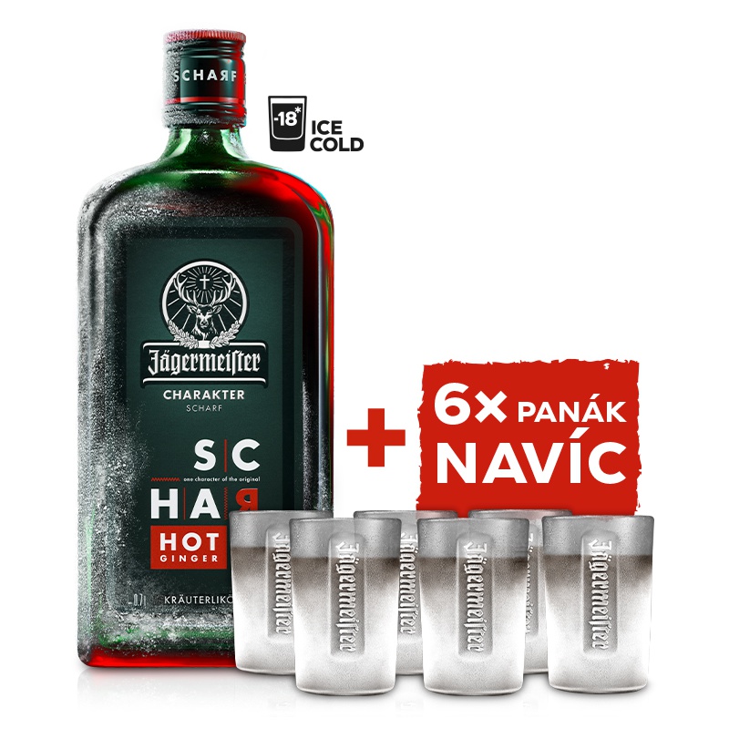 Jägermeister SCHARF 0,7l 33% + 6x originální Jägermeister panák
