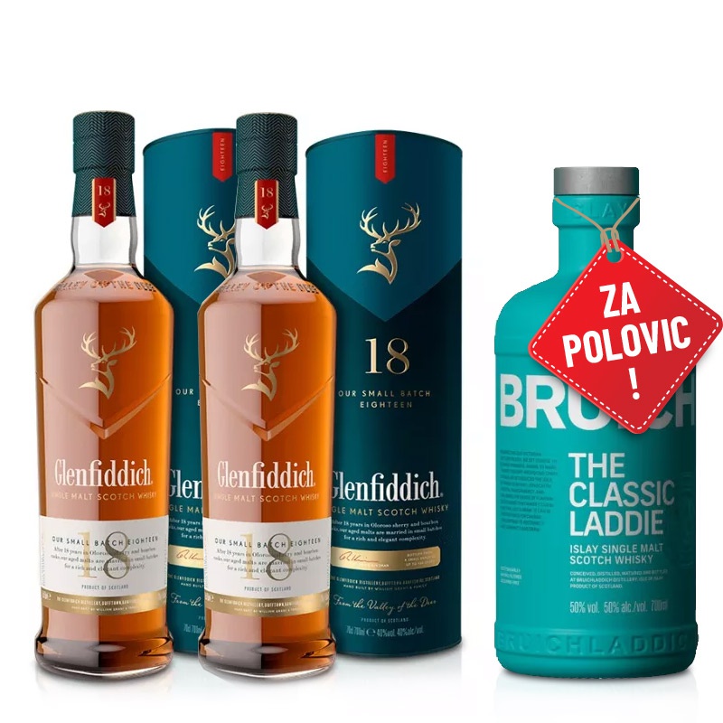 Balíček 2x Glenfiddich 18YO 0,7L + Bruichladdich The Classic Laddie 0,7L za polovinu