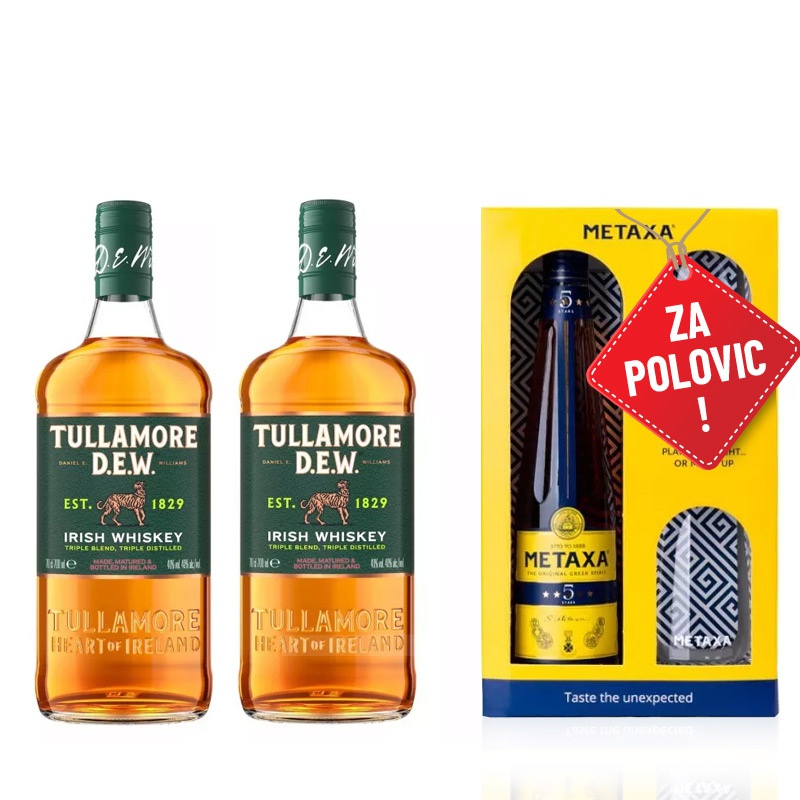 Výhodný balíček 2x Tullamore D.E.W. 0,7L + Metaxa 5* 0,7L se dvěma skleničkami za polovinu