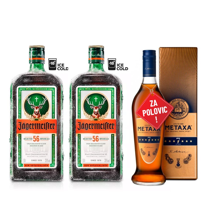 Výhodný balíček 2x Jägermeister 1L + Metaxa 7* 1L v krabičce za polovinu