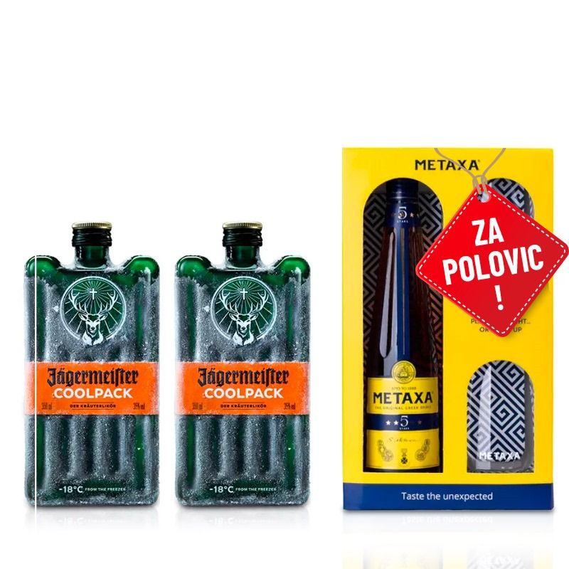 Balíček 2x Jägermeister Coolpack 0,35L + Metaxa 5* 0,7L se dvěma skleničkami za polovinu