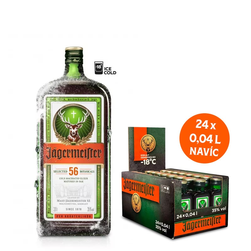Výhodný balíček: Jägermeister 3L + 24x Jägermeister 0,04L zdarma