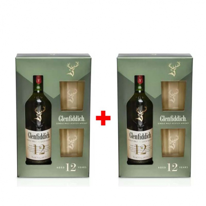 Glenfiddich 12YO 0,7L dárková kazeta se 2 skleničkami AKCE 1+1 s druhou lahví za polovinu
