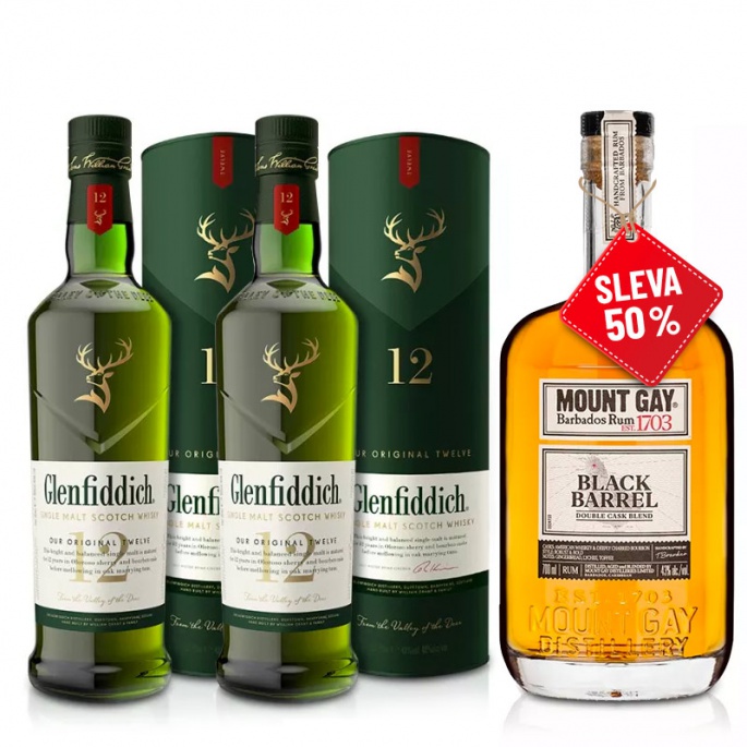 Výhodný balíček 2x Glenfiddich 12YO 0,7L + Mount Gay Black Barrel 0,7L za polovinu