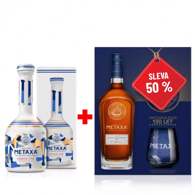 Výhodný balíček Metaxa Grande Fine 0,7L a Metaxa 12* 0,7L se dvěma skleničkami za polovinu