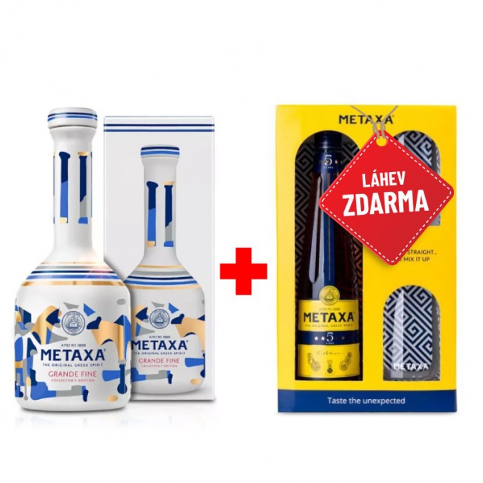 Akce 1+1: Metaxa Grande Fine 0,7L + Metaxa 5* 0,7L v krabičce se dvěma skleničkami ZDARMA