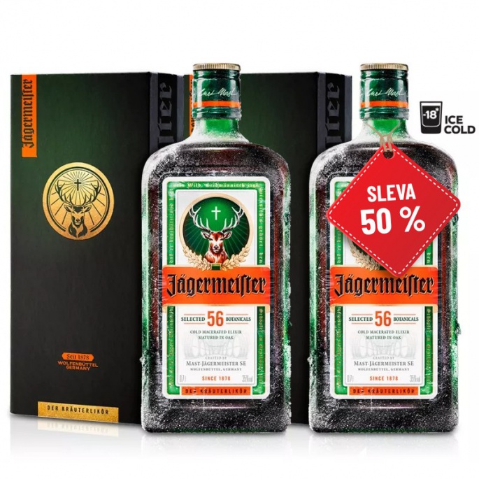 Jägermeister 0,7L 35% v designové krabičce AKCE 1+1 s druhou lahví za polovinu