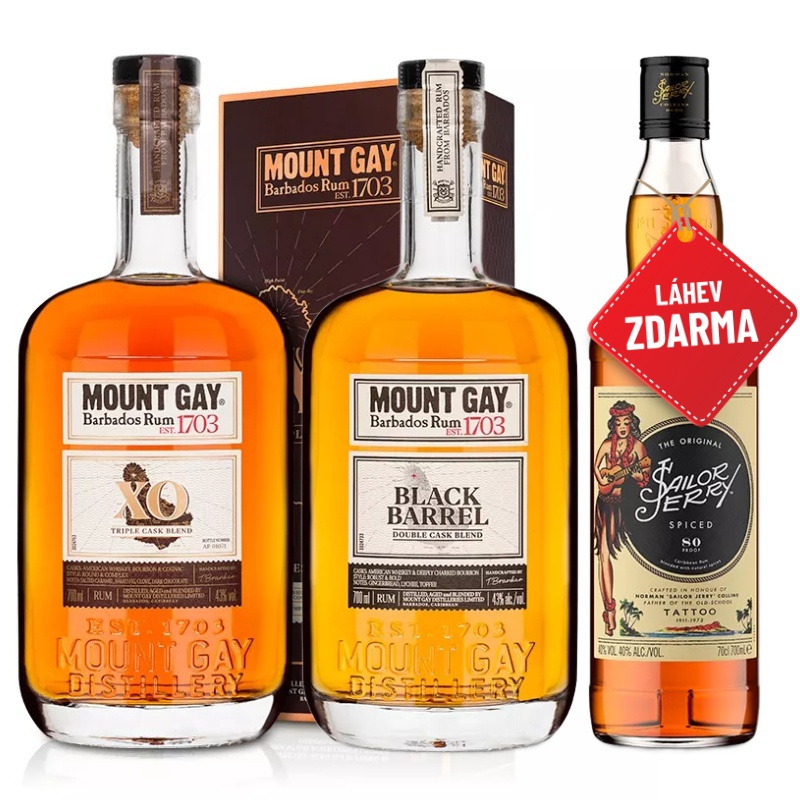 AKCE Mount Gay XO 0,7L + Mount Gay Black Barrel 0,7L + Sailor Jerry Spiced Rum 0,7L ZDARMA