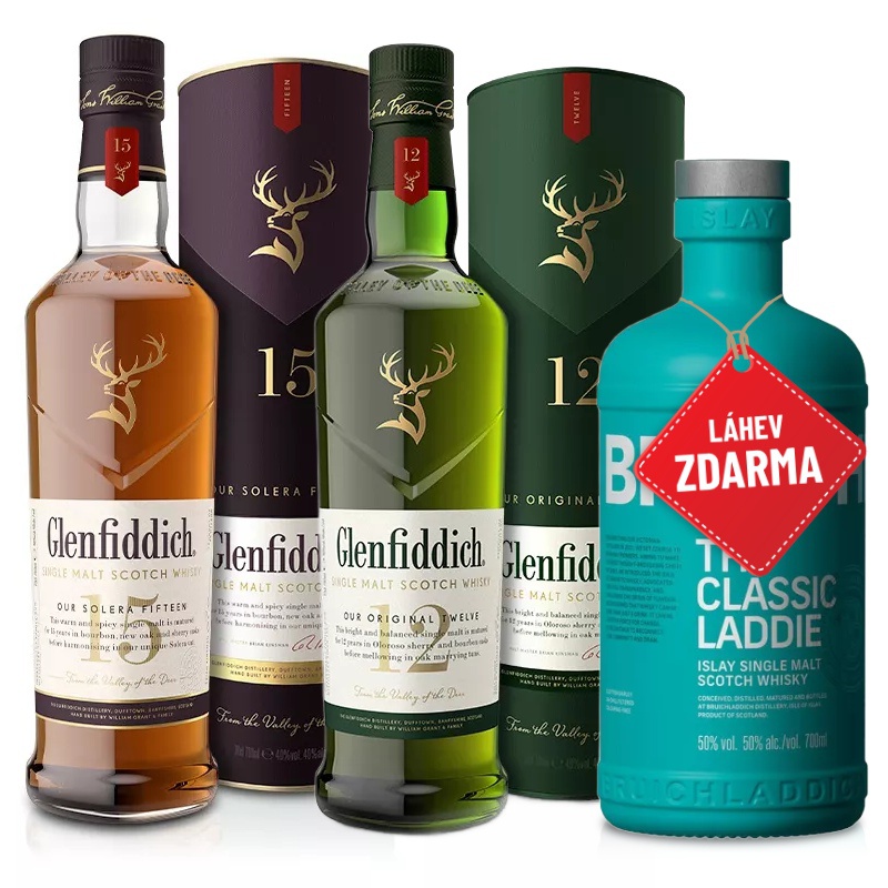 Glenfiddich 15YO 0,7 + Glenfiddich 12YO 0,7L + Bruichladdich Classic Laddie 0,7L ZDARMA