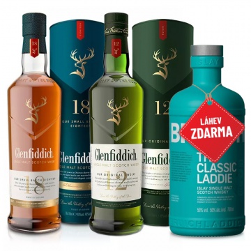 Glenfiddich 18YO 0,7 + Glenfiddich 12YO 0,7L + Bruichladdich Classic Laddie 0,7L ZDARMA