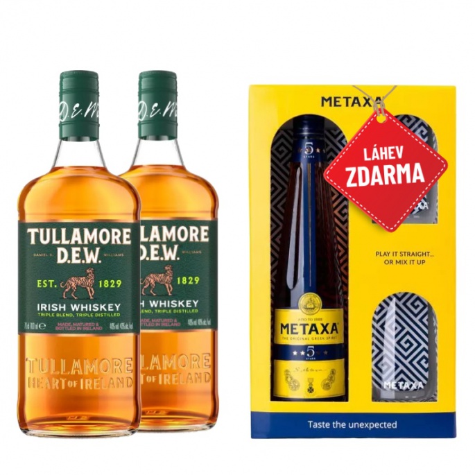 AKCE: 2x Tullamore D.E.W. 0,7L + Metaxa 5* 0,7L v krabičce se dvěma skleničkami ZDARMA