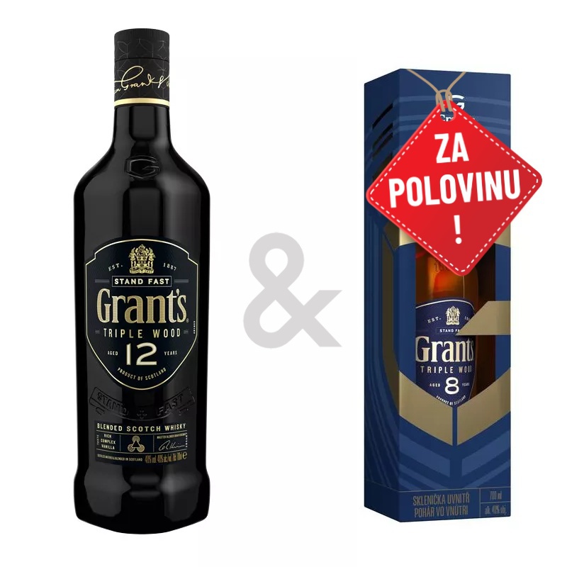 Grant´s Triple Wood 12YO 0,7L + Grant´s Triple Wood 8YO 0,7L se skleničkou za polovinu