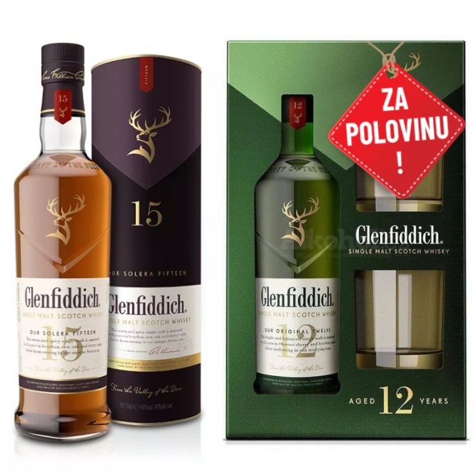 AKCE: Glenfiddich 15YO 0,7L + Glenfiddich 12YO 0,7L se dvěma skleničkami za polovinu
