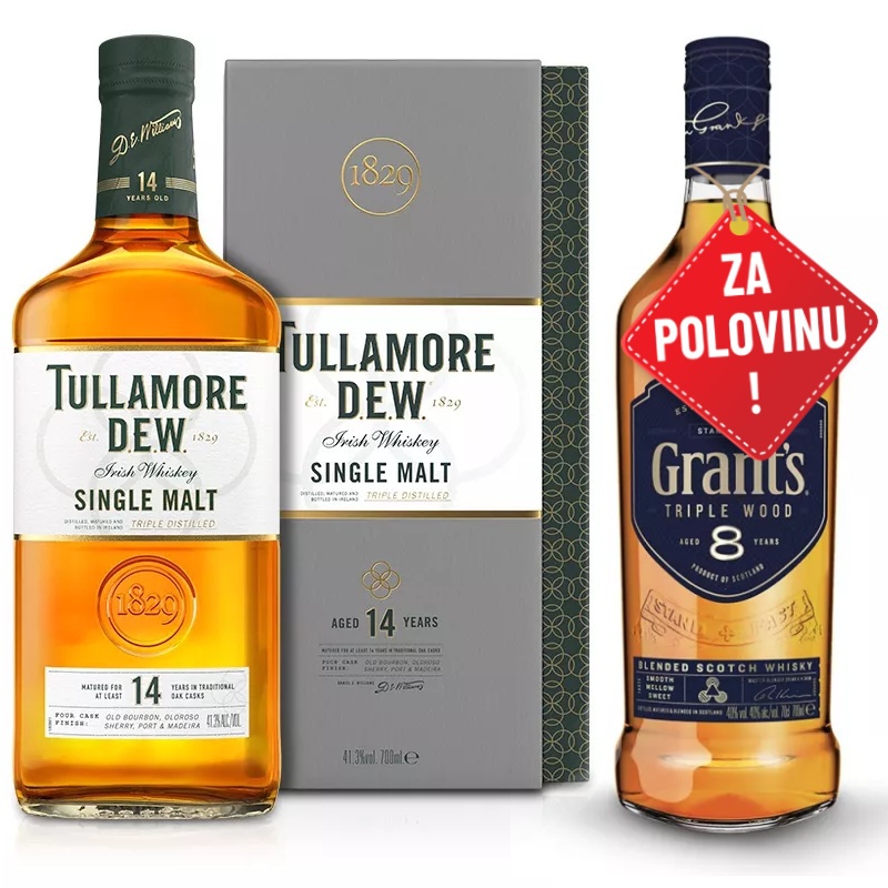 AKCE: Tullamore D.E.W. 14YO Single Malt 0,7L + Grant´s Triple Wood 8YO 0,7L za polovinu