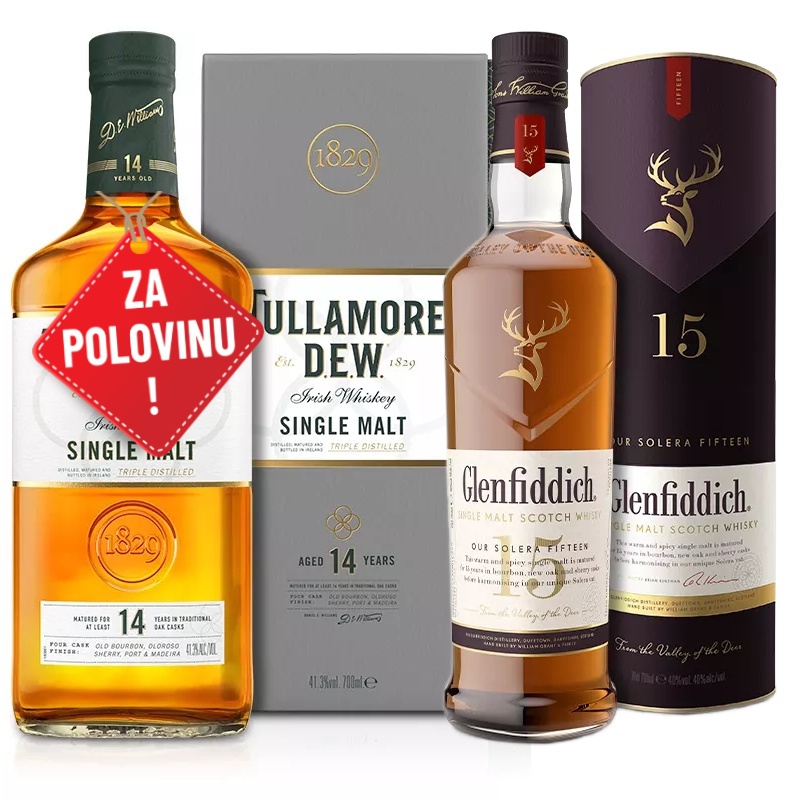 AKCE: Glenfiddich 15YO 0,7L + Tullamore D.E.W. 14YO Single Malt 0,7L za polovinu