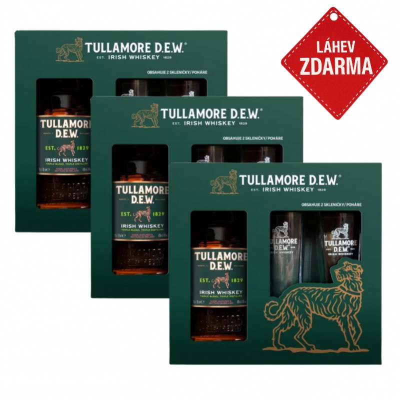 Akce 2+1: 2x Tullamore D.E.W. 0,7 L se dvěma skleničkami + Tullamore D.E.W. 0,7L ZDARMA