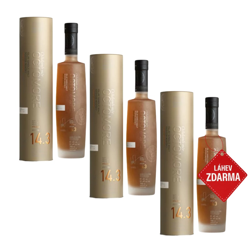 Akce 2+1: 2× Bruichladdich Octomore 14.3 0,7 L 61,4 % + Bruichladdich Octomore 0,7L ZDARMA