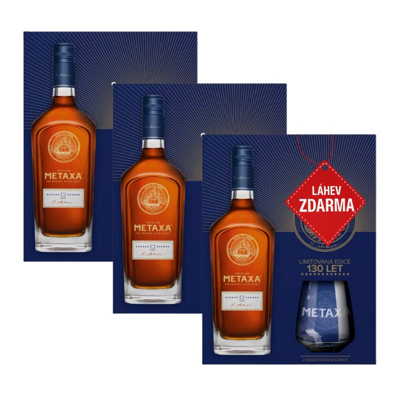 Akce 2+1: 2× Metaxa 12 0,7 L 40 % dárkové balení se 2 skleničkami + Metaxa 12  0,7L ZDARMA