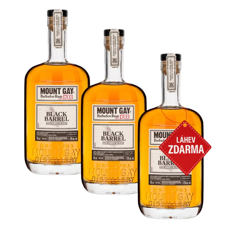 Akce 2+1: 2× Mount Gay Black Barrel 0,7 L 43 % + Mount Gay Black Barrel 0,7 L ZDARMA