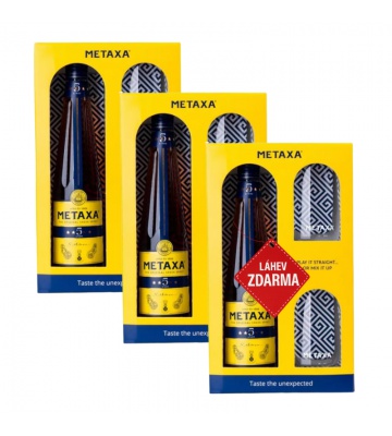 Akce 2+1: 2× Metaxa 5 0,7 L 38 % v dárkovém boxu se 2 skleničkami + Metaxa 5 0,7 L ZDARMA