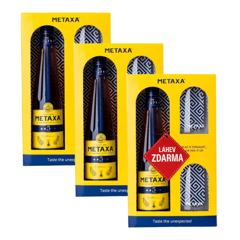 Akce 2+1: 2× Metaxa 5 0,7 L 38 % v dárkovém boxu se 2 skleničkami + Metaxa 5 0,7 L ZDARMA