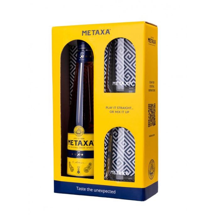 Akce 2+1: 2× Metaxa 5 0,7 L 38 % v dárkovém boxu se 2 skleničkami + Metaxa 5 0,7 L ZDARMA