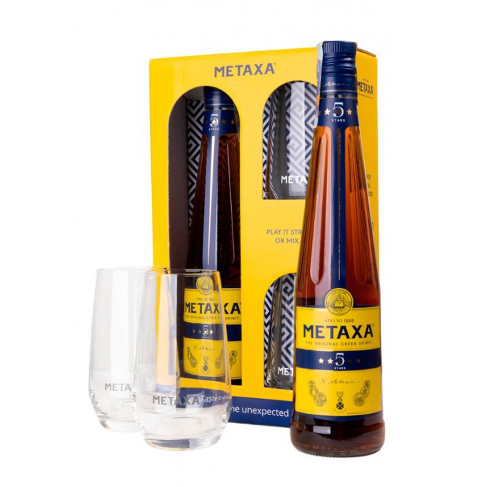Akce 2+1: 2× Metaxa 5 0,7 L 38 % v dárkovém boxu se 2 skleničkami + Metaxa 5 0,7 L ZDARMA