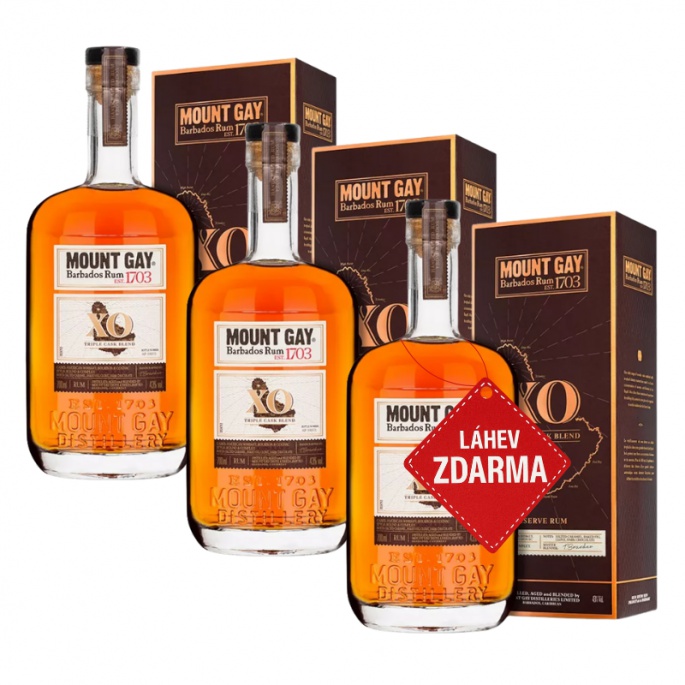 Akce 2+1: 2× Mount Gay XO Extra Old 0,7 L 43 % + Mount Gay Extra Old 0,7 L ZDARMA