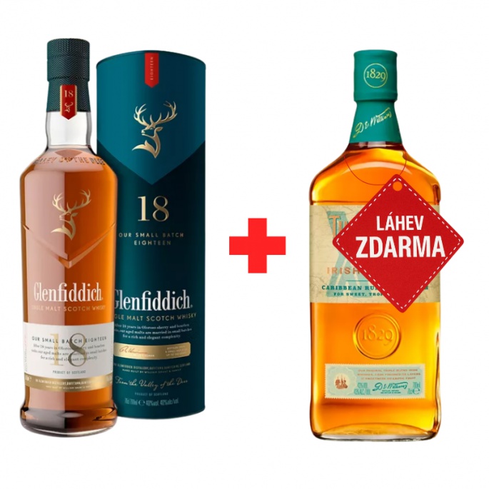 Akce 1+1: Glenfiddich 18YO 0,7L 40% + Tullamore D.E.W. XO Rum Cask 0,7L 43% ZDARMA