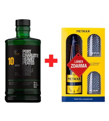 Akce 1+1: Port Charlotte 10YO 0,7L 50% + Metaxa 5 Star 0,7L 38% se skleničkami ZDARMA