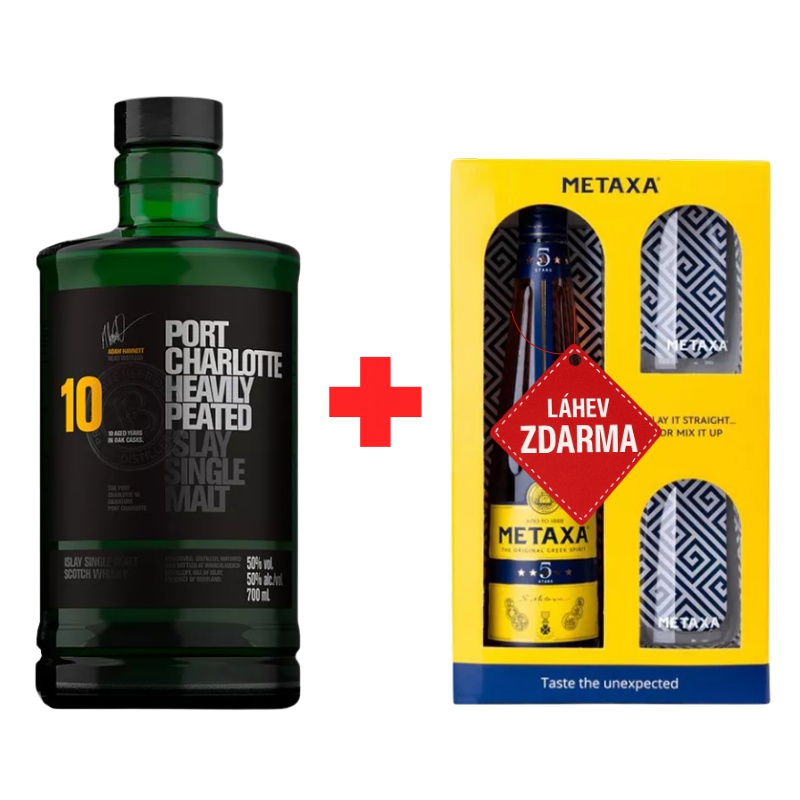 Akce 1+1: Port Charlotte 10YO 0,7L 50% + Metaxa 5 Star 0,7L 38% se skleničkami ZDARMA