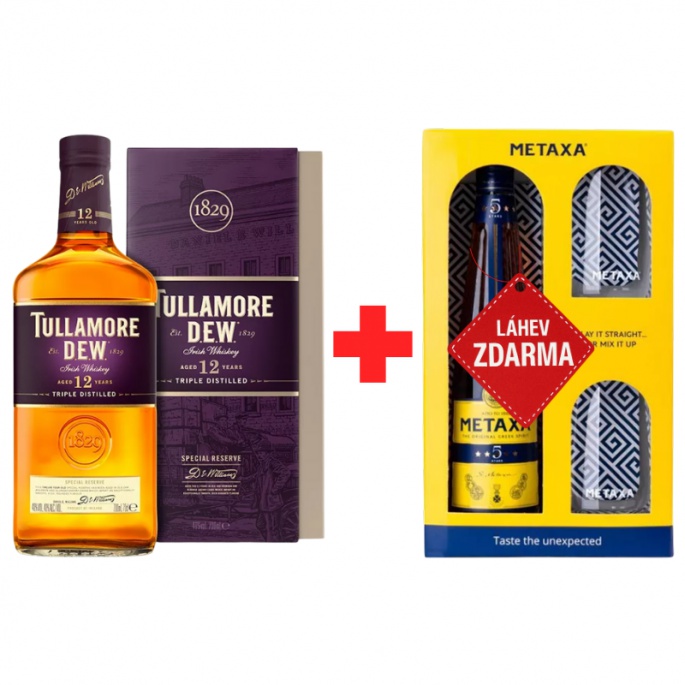 Akce 1+1: Tullamore D.E.W. 12YO 0,7L 40% + Metaxa 5 Star 0,7L 38% se skleničkami ZDARMA