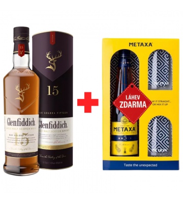 Akce 1+1: Glenfiddich 15YO 0,7L 40% + Metaxa 5 Star 0,7L 38% se skleničkami ZDARMA