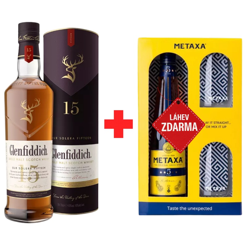 Akce 1+1: Glenfiddich 15YO 0,7L 40% + Metaxa 5 Star 0,7L 38% se skleničkami ZDARMA