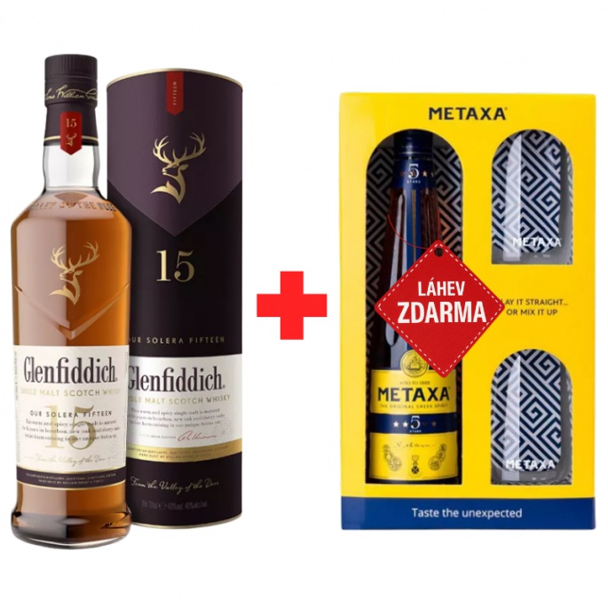 Akce 1+1: Glenfiddich 15YO 0,7L 40% + Metaxa 5 Star 0,7L 38% se skleničkami ZDARMA