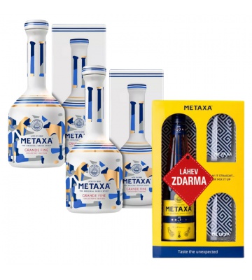 Akce 2+1: 2× Metaxa Grande Fine 0,7L 40% + Metaxa 5 Star 0,7L 38% se skleničkami ZDARMA