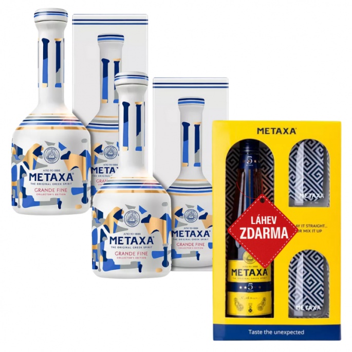 Akce 2+1: 2× Metaxa Grande Fine 0,7L 40% + Metaxa 5 Star 0,7L 38% se skleničkami ZDARMA