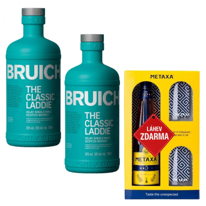 Akce 2+1 2× Bruichladdich Classic Laddie 0,7L 50% + Metaxa 5* 0,7L 38% + 2 skeničky ZDARMA