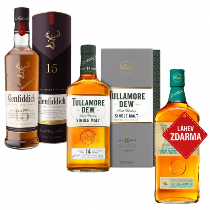 Akce 2+1: Glenfiddich 15YO 0,7L 40% + Tullamore D.E.W. 14YO + XO Rum Cask 0,7L ZDARMA