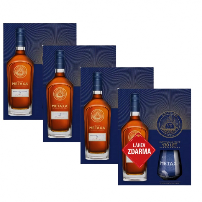 Akce 3+1: 3× Metaxa 12 0,7 L 40 % dárkové balení se 2 skleničkami + Metaxa 12  0,7L ZDARMA