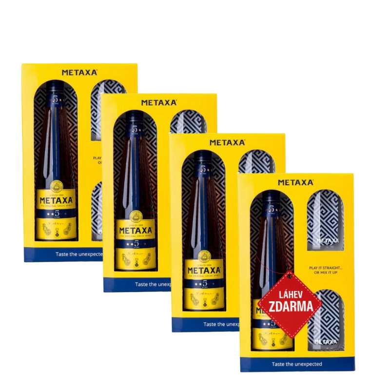 Akce 3+1: 3× Metaxa 5 0,7 L 38 % v dárkovém boxu se 2 skleničkami + Metaxa 5 0,7 L ZDARMA