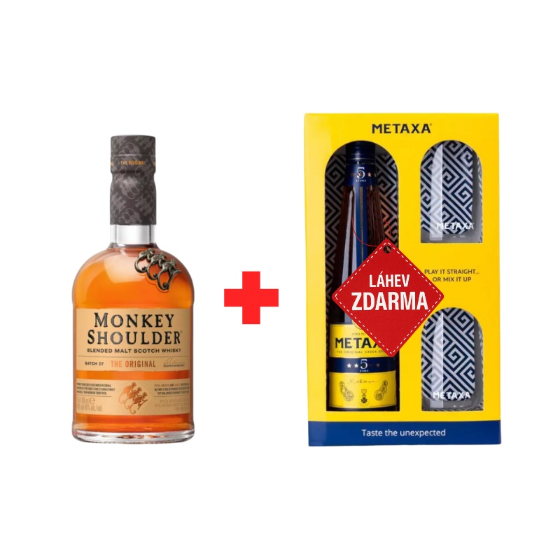 Monkey Shoulder 0,7L 40% + Metaxa 5* 38% 0,7L v krabičce se dvěma skleničkami ZDARMA