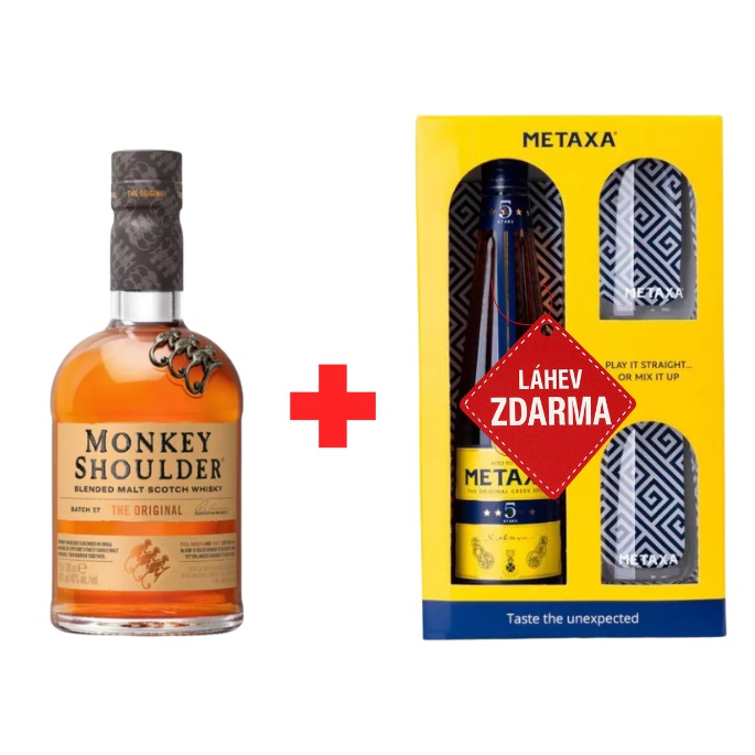 Monkey Shoulder 0,7L 40% + Metaxa 5* 38% 0,7L v krabičce se dvěma skleničkami ZDARMA