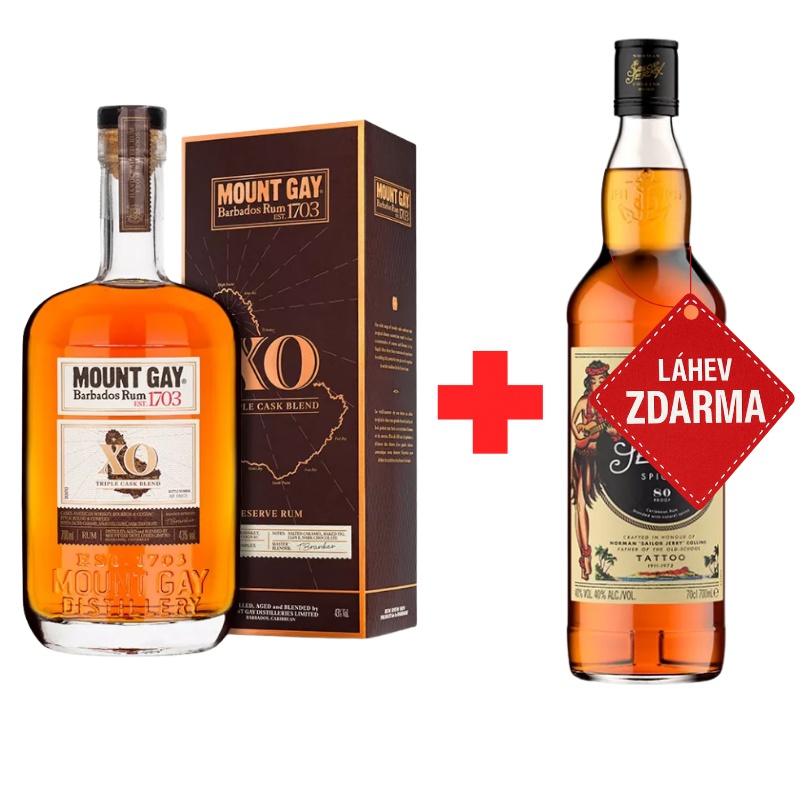 Akce 1+1 ZDARMA: Mount Gay XO Extra Old 0,7 L 43 % + Sailor Jerry Spiced Rum 0,7 L ZDARMA