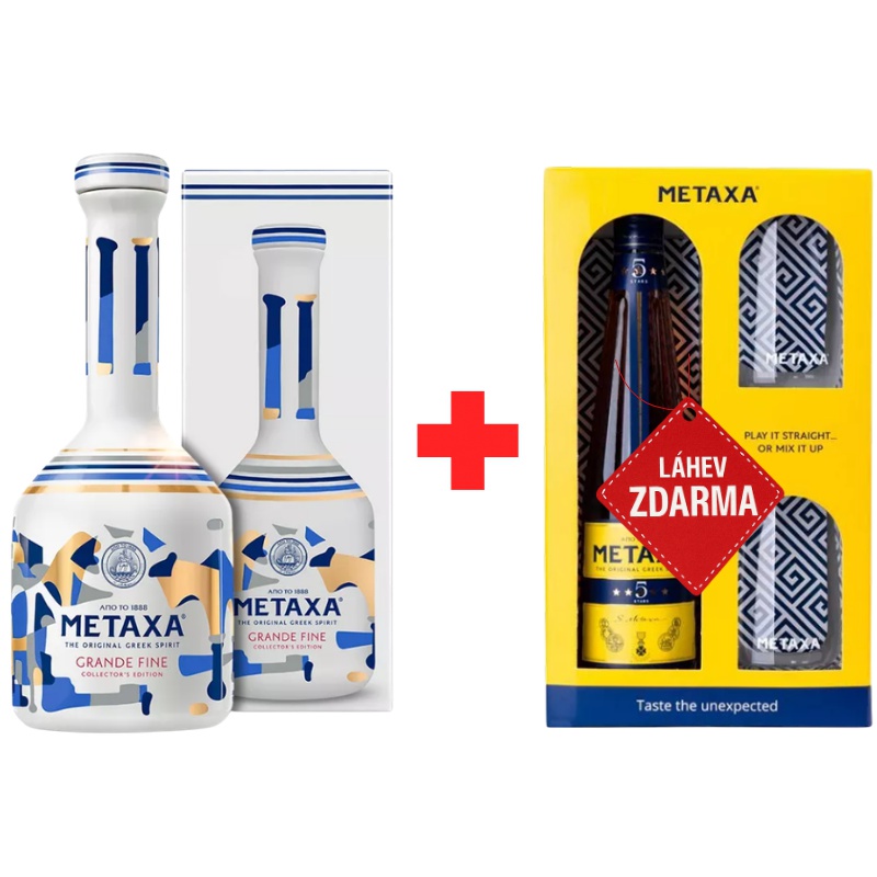 Akce 1+1 ZDARMA: Metaxa Grande Fine 0,7 L 40 % + Metaxa 5* 0,7 L dárkové balení ZDARMA