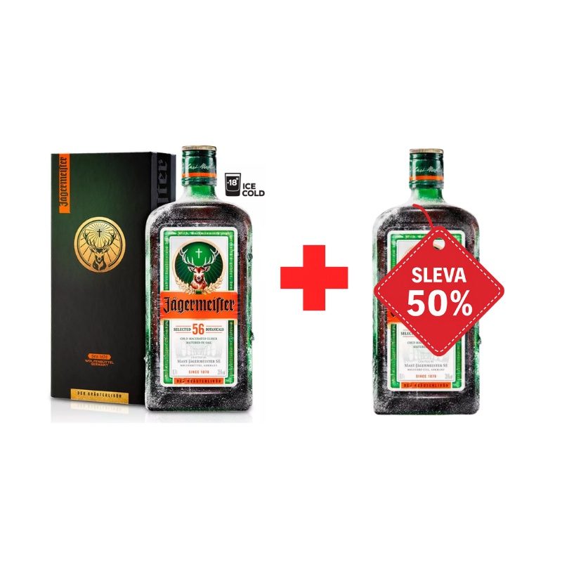 Jägermeister 0,7L 35% v designové krabičce AKCE 1+1 s druhou lahví za polovinu